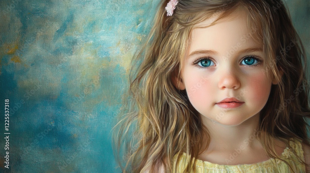 Portrait of a charming young girl with blue eyes and wavy hair against a colorful background showcasing innocence and beauty. Portrait of a charming young girl with blue eyes and wavy hair against a colorful background showcasing innocence and beauty.