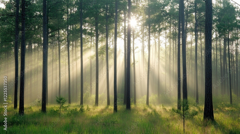Obraz premium Sunbeams Illuminate Misty Pine Forest Scene