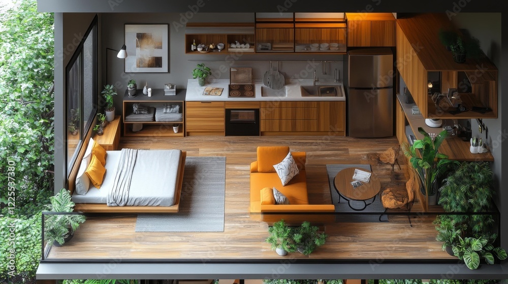 Fototapeta premium Cozy Home Interior with Wood and Plants. Generative AI