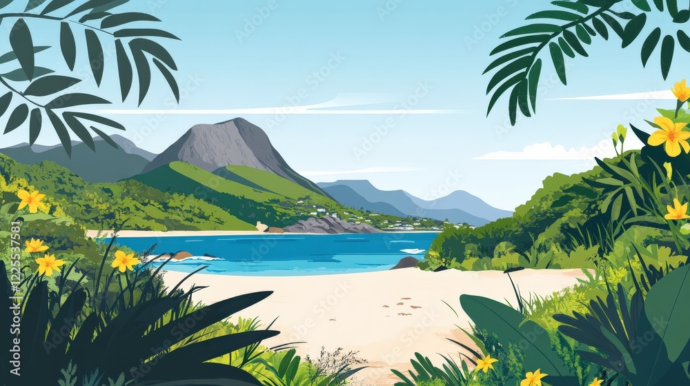 Serene tropical beach scene with lush greenery, mountains, and calm blue waters in the background Serene tropical beach scene with lush greenery, mountains, and calm blue waters in the background