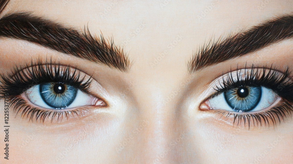 Fototapeta premium Close-up of captivating blue eyes with defined brows and long lashes highlighting beauty and depth of expression.