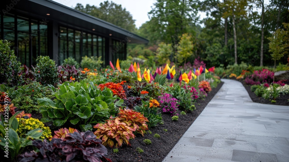 Obraz premium Colorful garden path, modern building background, autumn floral display, landscape design