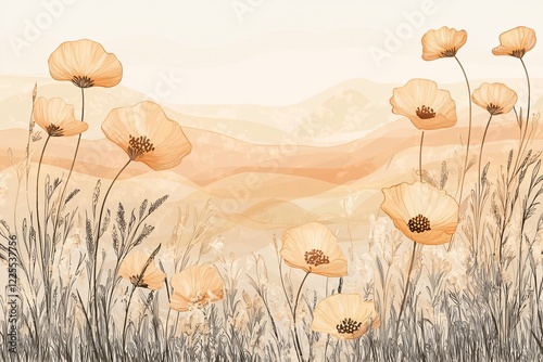 Serene landscape featuring delicate orange poppy flowers swaying gently in a soft breeze photo