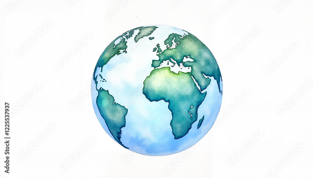 Fototapeta premium Watercolor illustration of Earth with green continents and blue oceans in a simple and artistic style on white background