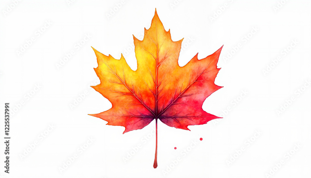 Watercolor illustration of a single autumn maple leaf with warm red and orange tones in a delicate artistic style on white background