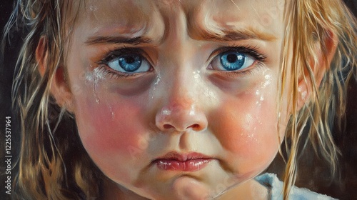 Emotional portrait of a three-year-old girl with tears showcasing innocence and vulnerability in close-up detail.