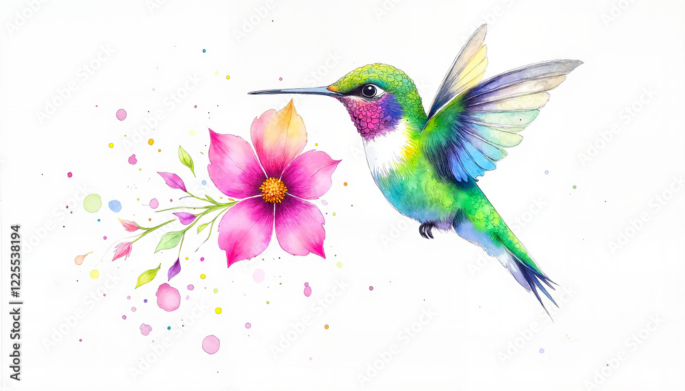 Obraz premium Watercolor painting of a hummingbird and a pink flower surrounded by colorful splashes in an artistic style on white background