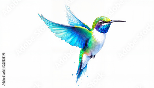 Watercolor illustration of a vibrant hummingbird in blue and green hues in mid-flight with iridescent feathers on a white background