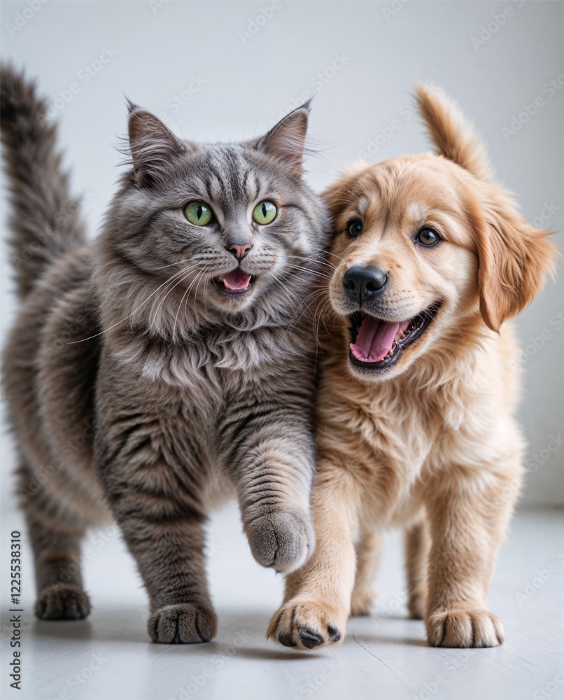 A fluffy gray cat and a golden retriever puppy standing side by side indoors, both looking playful and cheerful. A fluffy gray cat and a golden retriever puppy standing side by side indoors, both looking playful and cheerful.