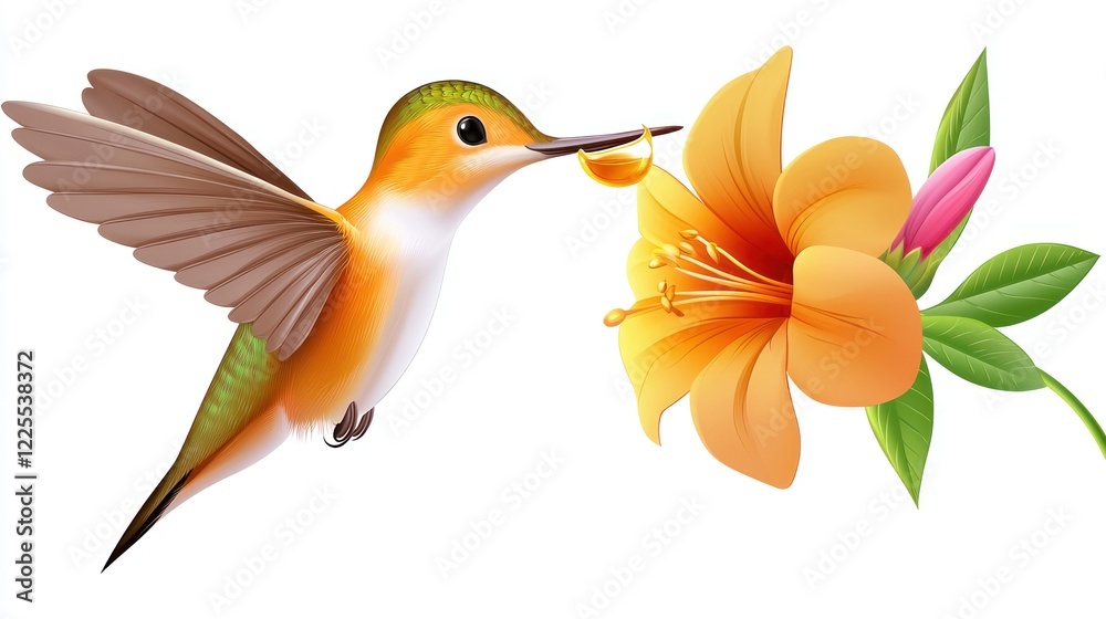 Naklejka premium Hummingbird feeding on orange flower