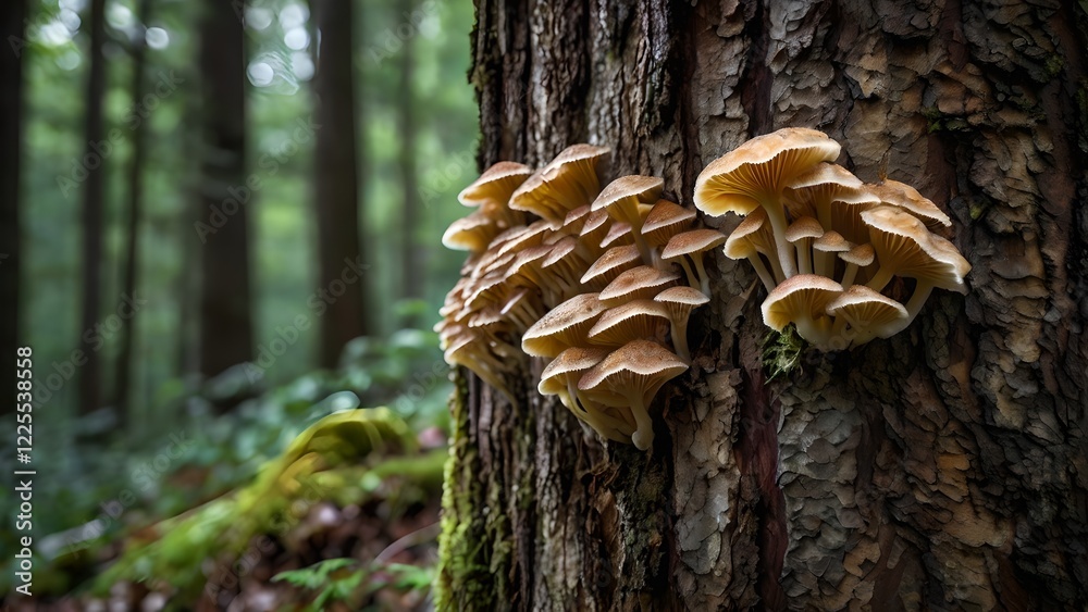 Earthy Ambiance Shaggy Fungi Cluster on Forest Tree Bark Earthy Ambiance Shaggy Fungi Cluster on Forest Tree Bark