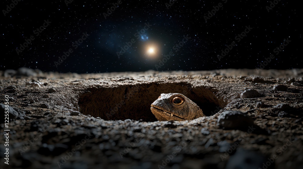 Lizard peering out from a burrow under a starlit sky with planets visible in the background and a rugged, textured surface surrounding the hole. Lizard peering out from a burrow under a starlit sky with planets visible in the background and a rugged, textured surface surrounding the hole.