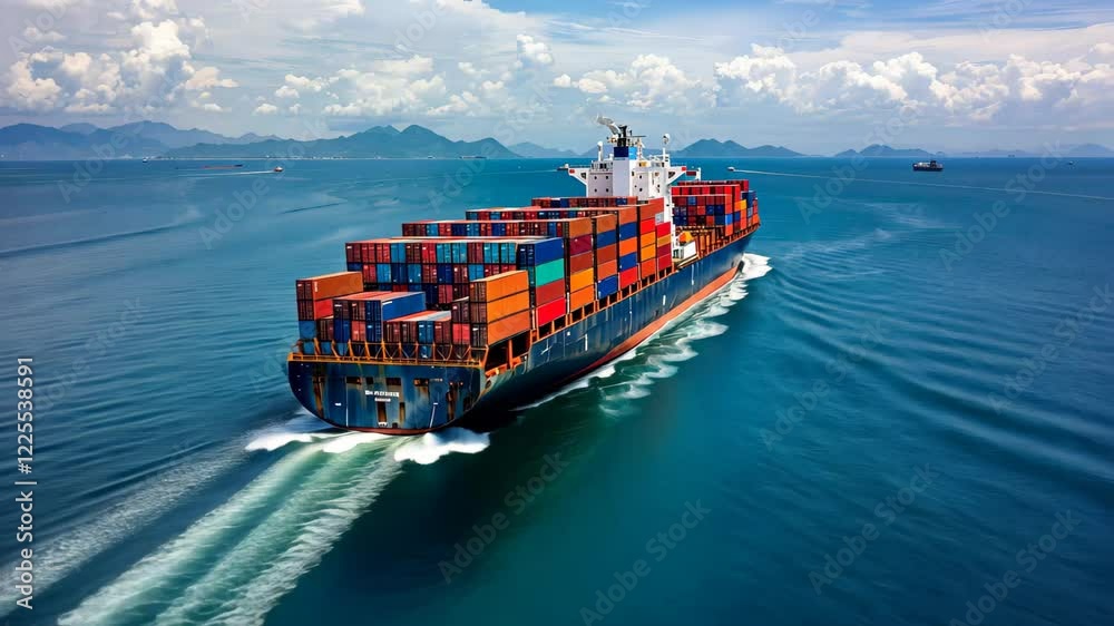 The cargo ship navigates through sparkling seas, carrying colorful shipping containers while the sun illuminates the clear sky and distant islands.