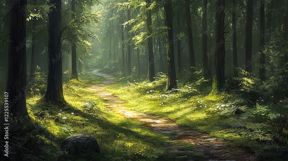 Naklejka premium A serene forest path winding through tall trees, dappled sunlight and soft moss underfoot, tranquil mood