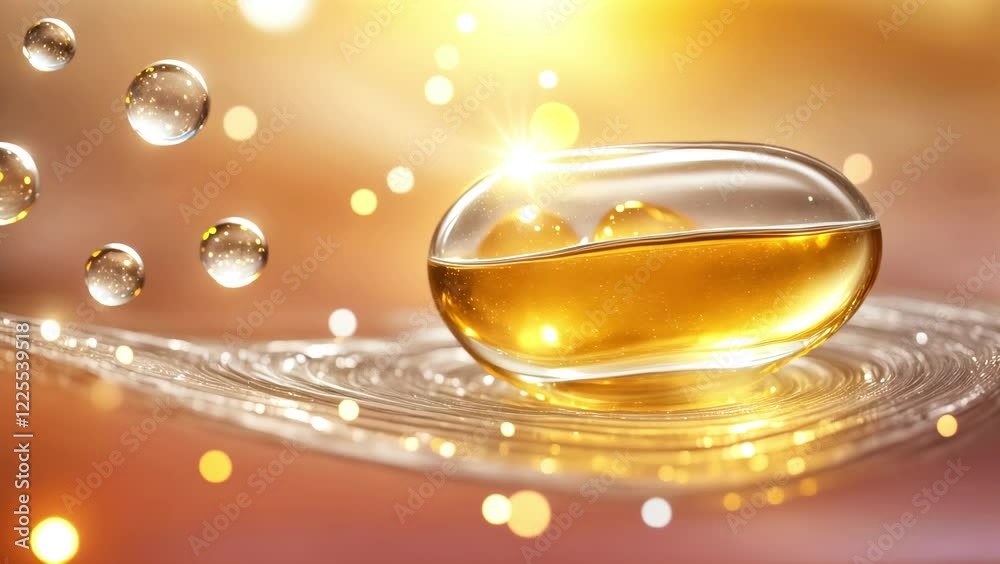 Golden Facial Serum or Essential Oil with Bubbles in 4K Seamless Loop. Skincare, Cosmetics, Beauty Products, Spa Treatment Video Footage.