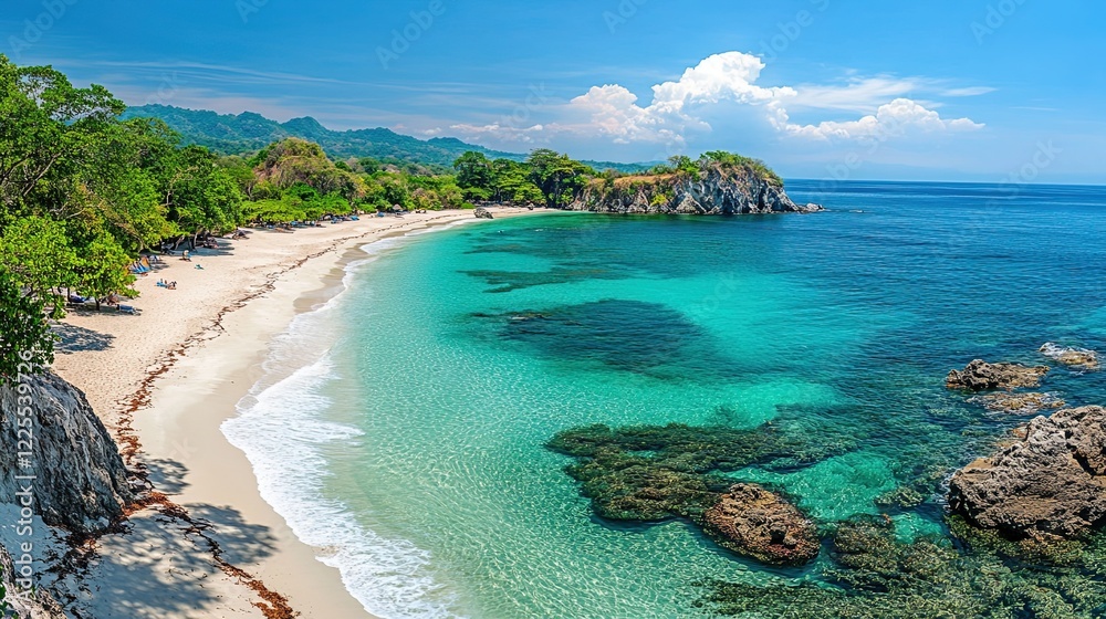Fototapeta premium A pristine beach with clean sand and clear blue water, marine life thriving in a protected area, vibrant ecosystem