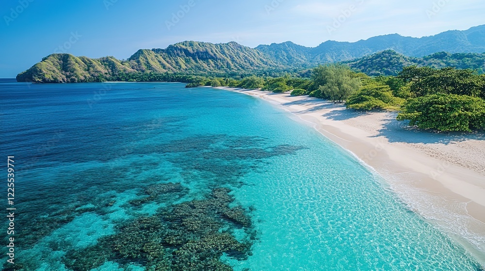 A pristine beach with clean sand and clear blue water, marine life thriving in a protected area, vibrant ecosystem A pristine beach with clean sand and clear blue water, marine life thriving in a protected area, vibrant ecosystem