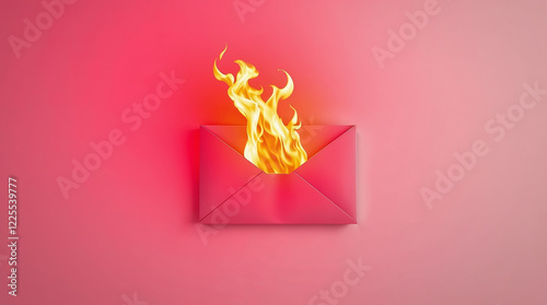 Burning letter. Pink paper envelope with a message burns in flames. Conceptual wallpaper