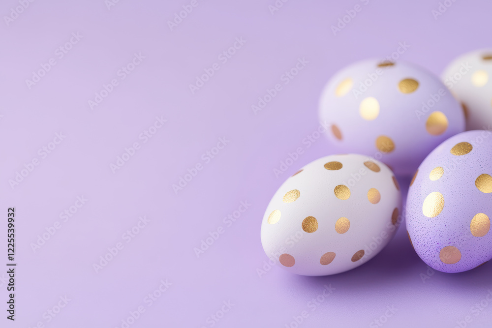 Pastel Easter eggs with golden polka dots on purple background celebrating festive spring decor Pastel Easter eggs with golden polka dots on purple background celebrating festive spring decor