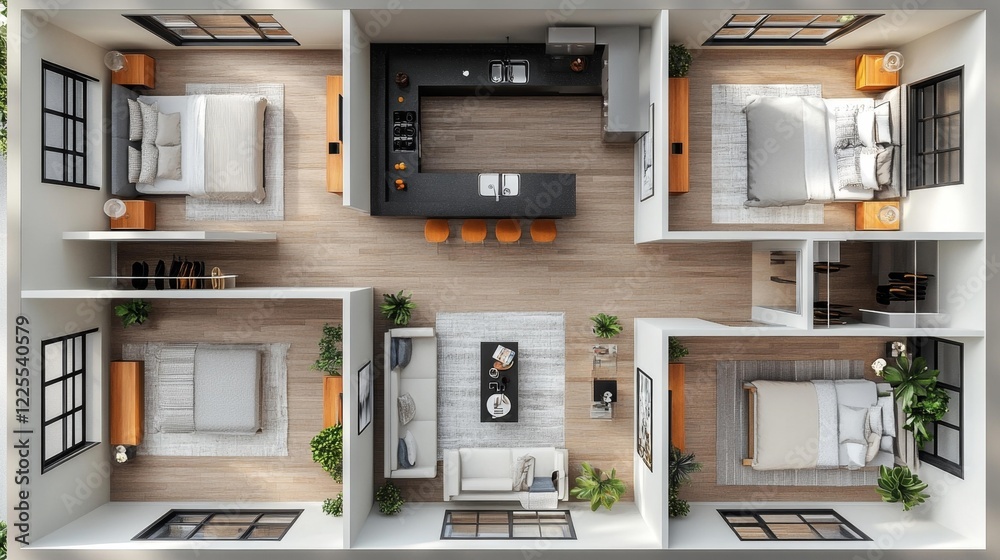 Functional apartment layout with two bedrooms kitchen and living area. Generative AI Functional apartment layout with two bedrooms kitchen and living area. Generative AI