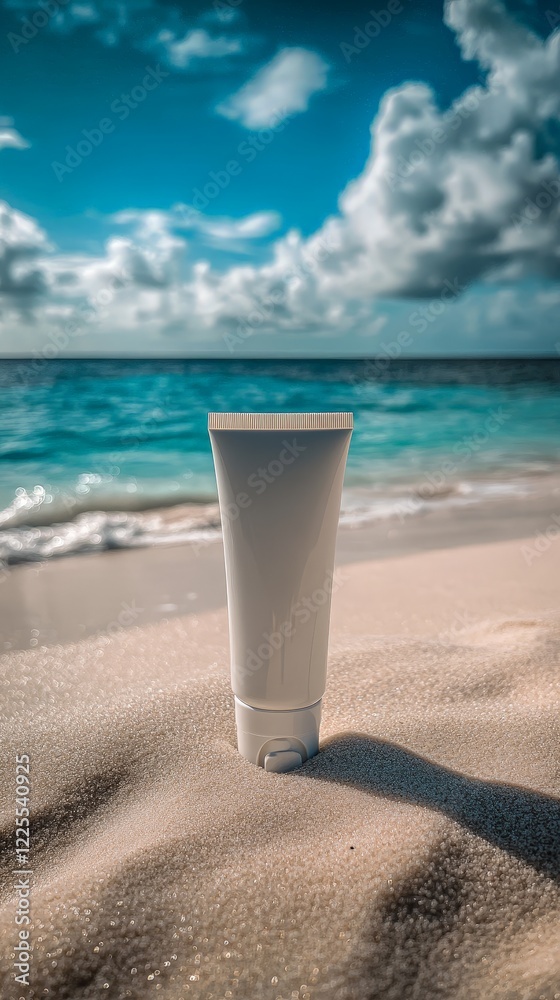 A minimalist sunscreen bottle on a sandy beach with a serene blue ocean in the background, promoting skincare and summer vacation vibes. A minimalist sunscreen bottle on a sandy beach with a serene blue ocean in the background, promoting skincare and summer vacation vibes.