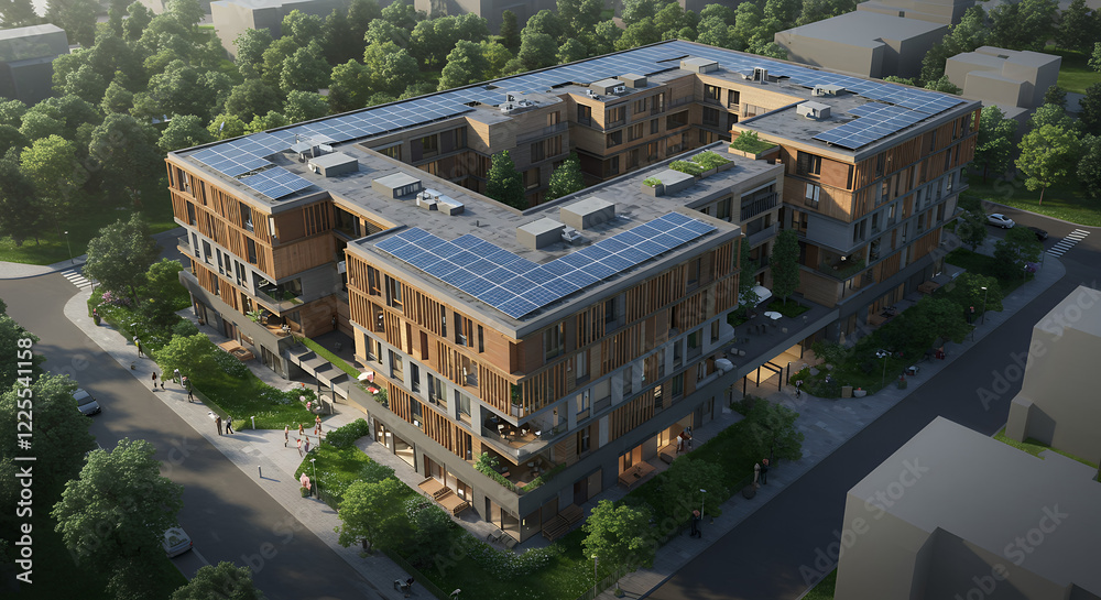 Fototapeta premium Eco-Friendly Apartment Building with Solar Panels - Sustainable Urban Design