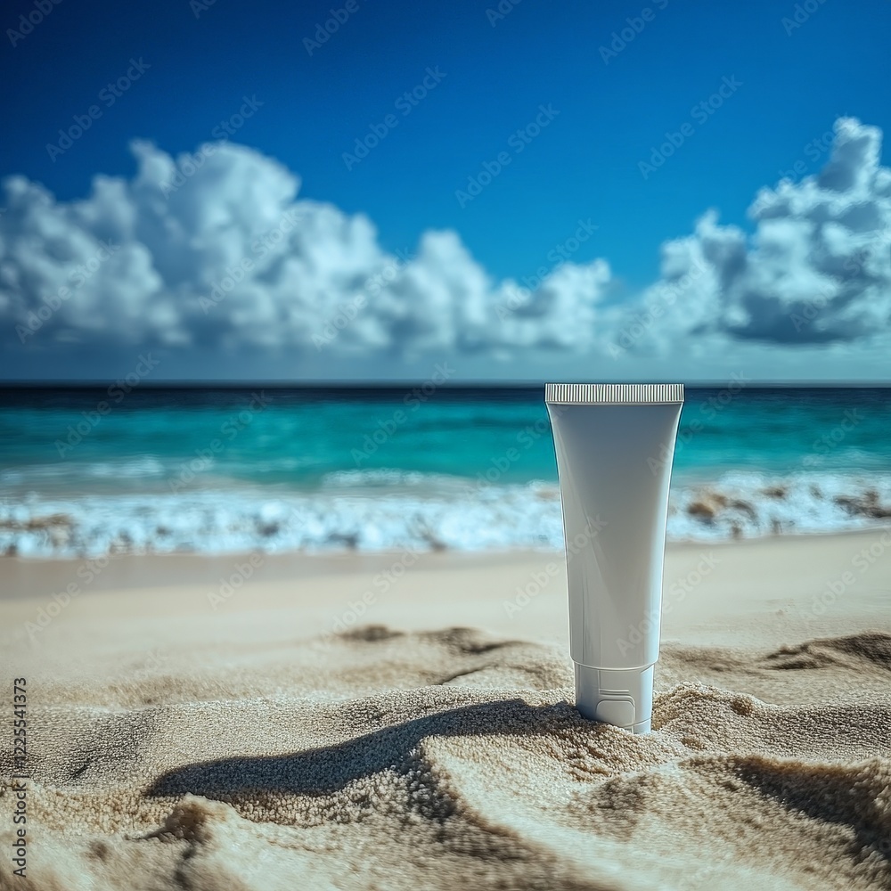 A minimalist sunscreen bottle on a sandy beach with a serene blue ocean in the background, promoting skincare and summer vacation vibes. A minimalist sunscreen bottle on a sandy beach with a serene blue ocean in the background, promoting skincare and summer vacation vibes.