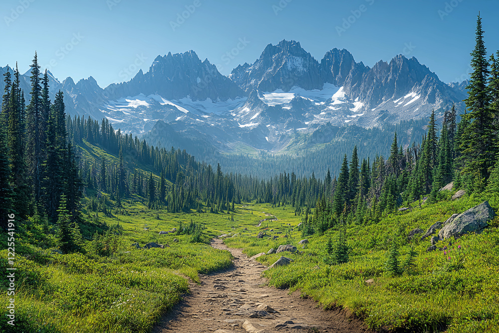 Obraz premium Majestic Mountain Peaks with Snow-Capped Summits, Clear Blue Sky, and a Valley Below Filled with Lush Evergreen Trees, Representing Natural Beauty and Wilderness