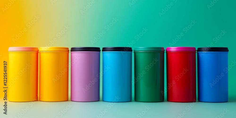 Colorful and vibrant cylindrical containers are arranged in a line. Each canister features a different bright color, creating an eye-catching aesthetic appeal. Ideal for various purposes. AI Colorful and vibrant cylindrical containers are arranged in a line. Each canister features a different bright color, creating an eye-catching aesthetic appeal. Ideal for various purposes. AI