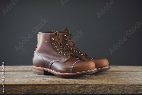 Brown Leather Boots Resting On Wooden Surface photo