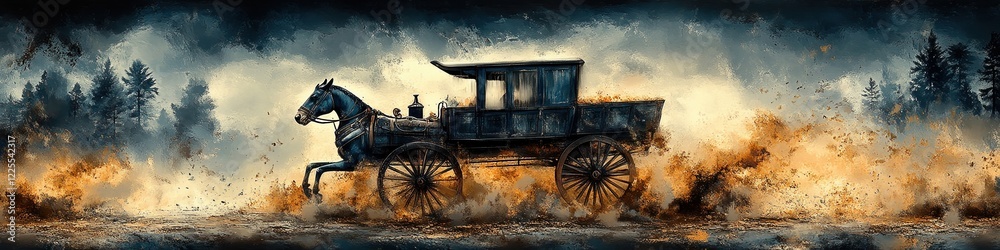 Obraz premium A lone horse-drawn carriage speeds through a fiery landscape, leaving a trail of dust and smoke in its wake.
