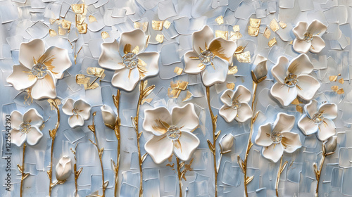 Elegant 3D floral painting with gold accents , modern wall art, Beautiful spring white flower with golden leavs on decorative background as wallpaper illustration, Elegant White Gold Flower	
