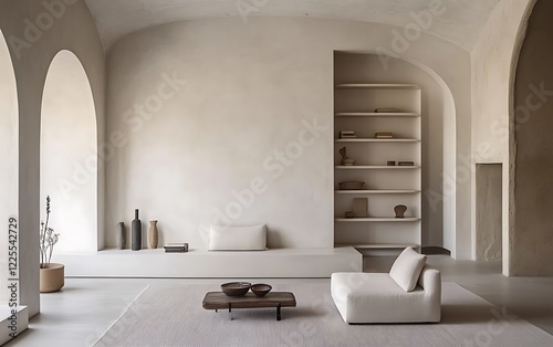 Minimalist living room setup with a white wall, shelves, and an arch, elegant home decor with spacious, light-filled atmosphere