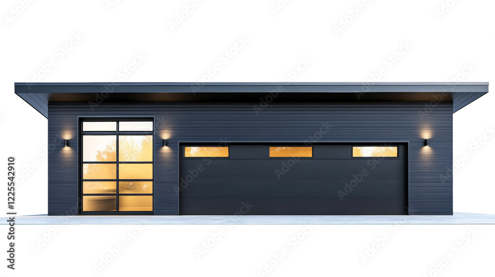 A sleek modern garage building features dark grey siding, a large window and garage door with integrated lighting. A sleek modern garage building features dark grey siding, a large window and garage door with integrated lighting.