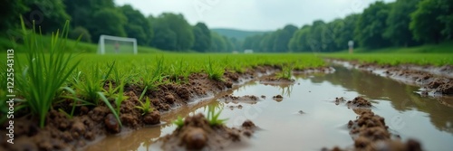 Football field with muddy soil and flooded water, wetland, footballrain, footballfield photo