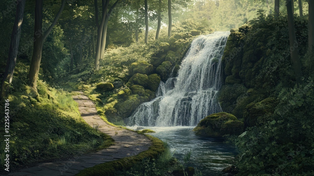Fototapeta premium Scenic waterfall flows into a stream, beside a forest path, for nature, background