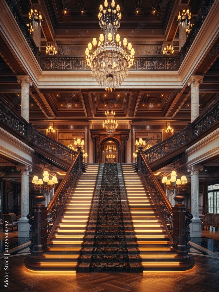 Fototapeta premium Soft natural light blends with the warm glow of a chandelier in a luxurious hotel lobby with polished steps