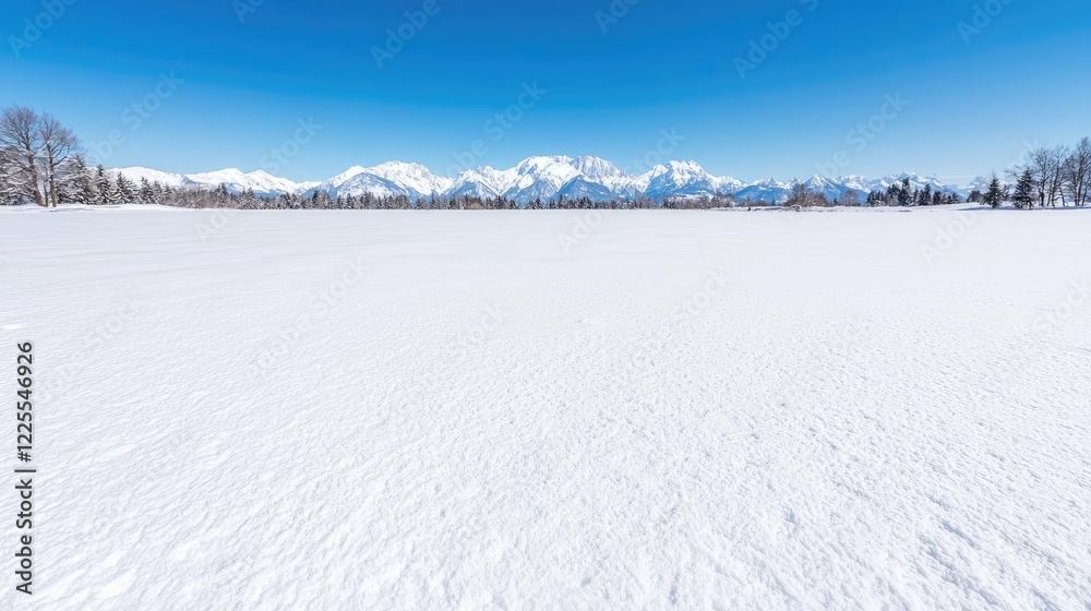 Snowy field, mountain range backdrop, winter landscape, postcard Snowy field, mountain range backdrop, winter landscape, postcard