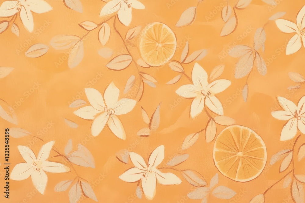 Orange Floral Pattern with Lemons and Leaves on Vibrant Background Orange Floral Pattern with Lemons and Leaves on Vibrant Background