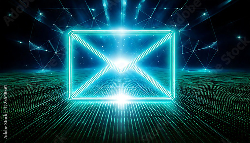 Stunning abstract image of a glowing email symbol over a digital landscape.  Perfect for illustrating concepts of digital communication, internet connectivity, and online messaging.