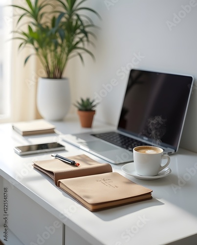 White office desk background with computer, notepad and sticky notes