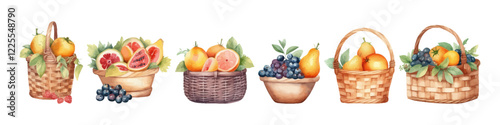 Wicker basket with vegetables. Thanksgiving day illustration set. Harvest day. Watercolor collection.