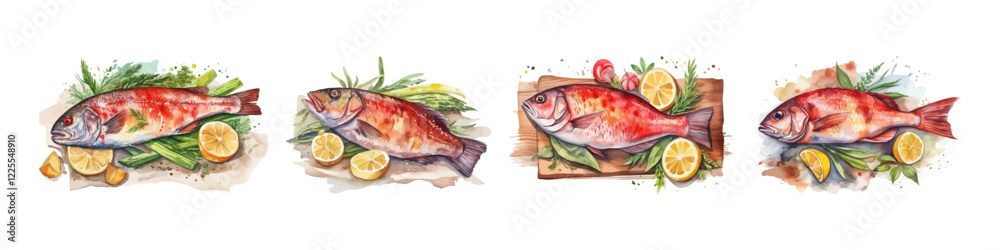 Watercolor set of fish. Ocean and sea animal. Food illustration. Watercolor set of fish. Ocean and sea animal. Food illustration.