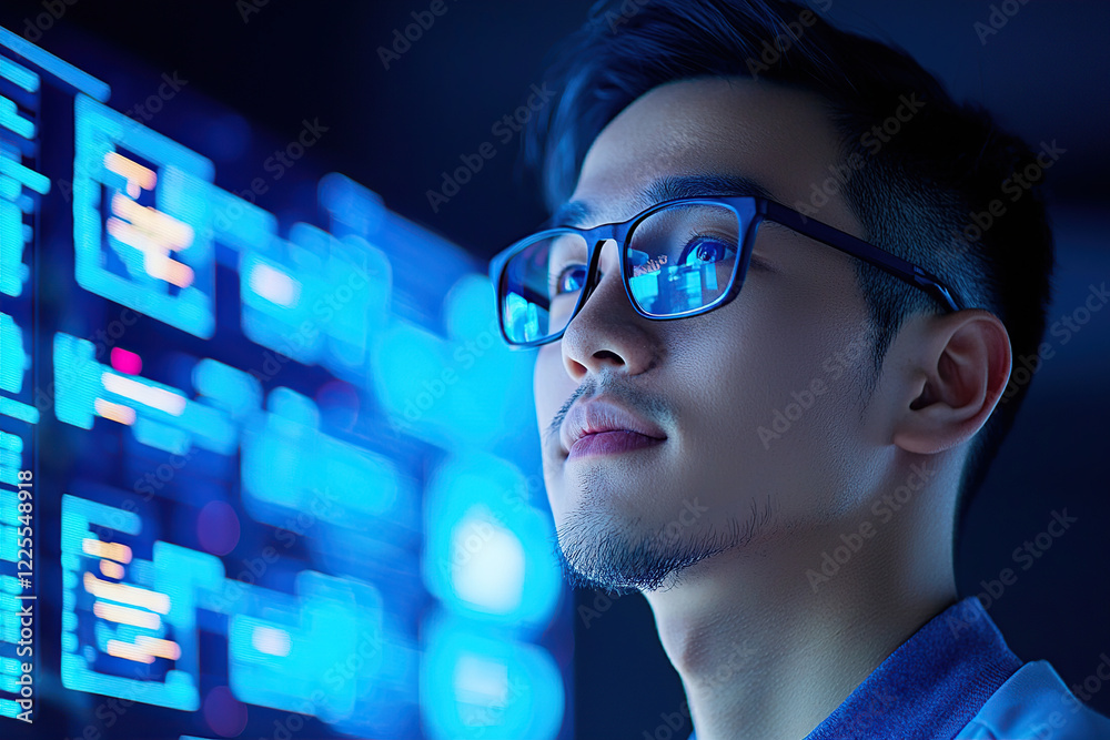 focused individual wearing glasses analyzes digital data on glowing screen, reflecting modern tech environment focused individual wearing glasses analyzes digital data on glowing screen, reflecting modern tech environment