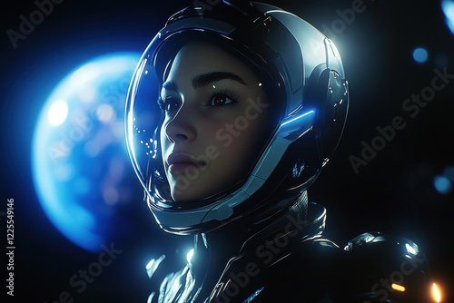 A woman wearing a sleek futuristic helmet and spacesuit floating in space