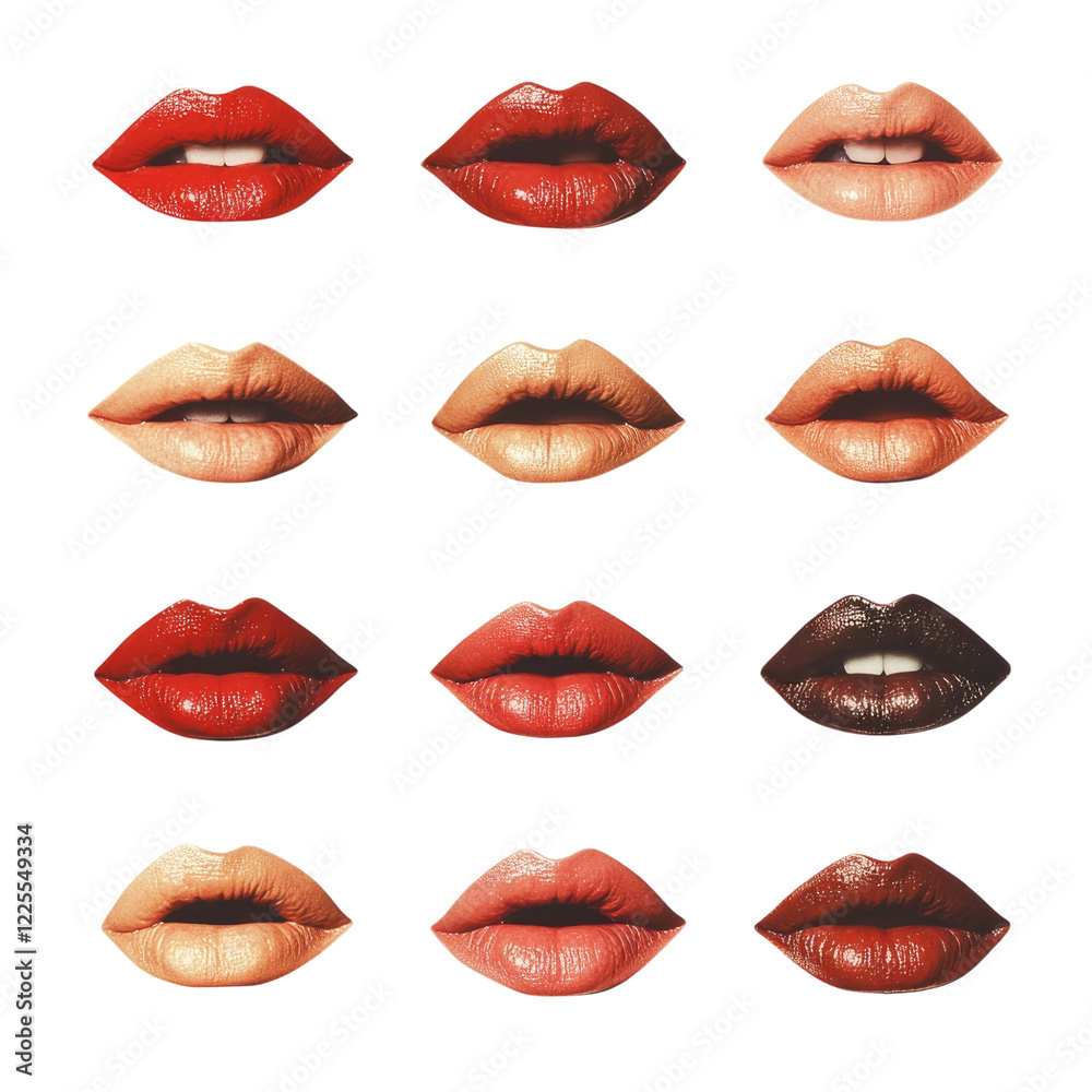 A set of various lips in different positions, against a white background, transparent, alpha background png A set of various lips in different positions, against a white background, transparent, alpha background png