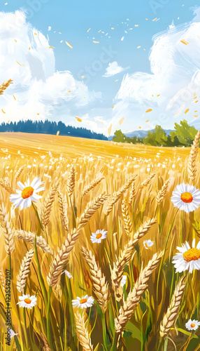 Wheat field with flowers, summer background illustration  -