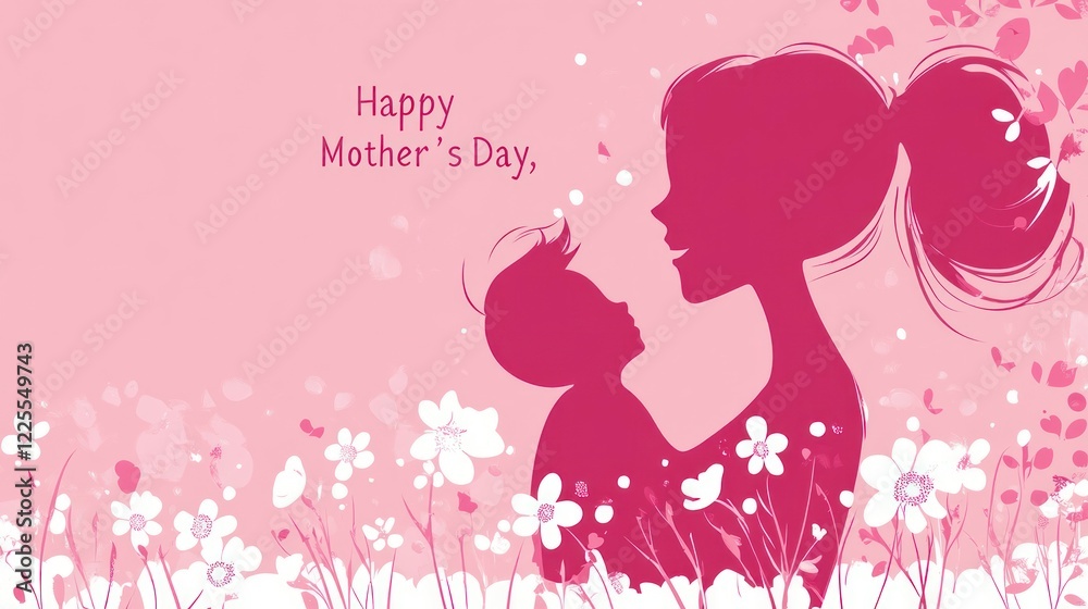 Happy Mother's Day background with a mother and child silhouette vector illustration. Pink happy holiday card design template for web, print, or social media Happy Mother's Day background with a mother and child silhouette vector illustration. Pink happy holiday card design template for web, print, or social media