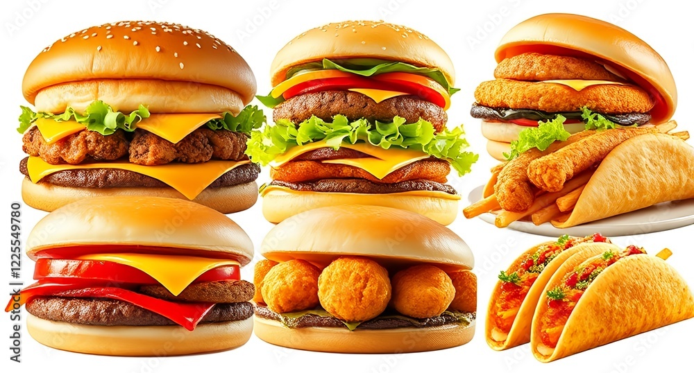 A collage of American burgers. Different kinds, with different toppings and sauces, appetizing look. A collage of American burgers. Different kinds, with different toppings and sauces, appetizing look.