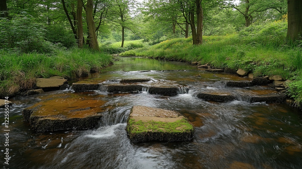 A charming little stream flowing through a green forest, rocks covered in moss, peaceful and refreshing A charming little stream flowing through a green forest, rocks covered in moss, peaceful and refreshing